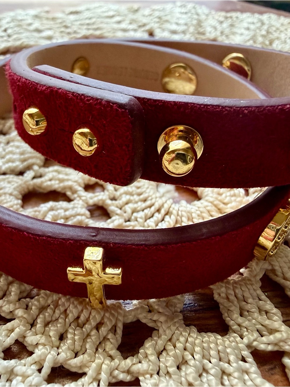 Rustic Cuff Burgundy Leather Wrap Bracelet with Gold Cross & Studs